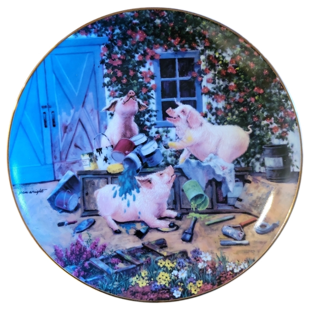Vtg 97 Pigmentation Joan Wright Pigs In Bloom Danbury Mint Collector Plate Gold